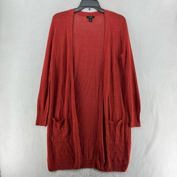 Halogen Sweater Women's XS Red Knit Linen Blend Open Front Pocket Tunic Cardigan - Picture 1 of 12